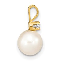 14K Yellow Gold 7-8mm White Round Akoya Saltwater Cultured Pearl and 0.05 Carat Diamond Pendant view 2