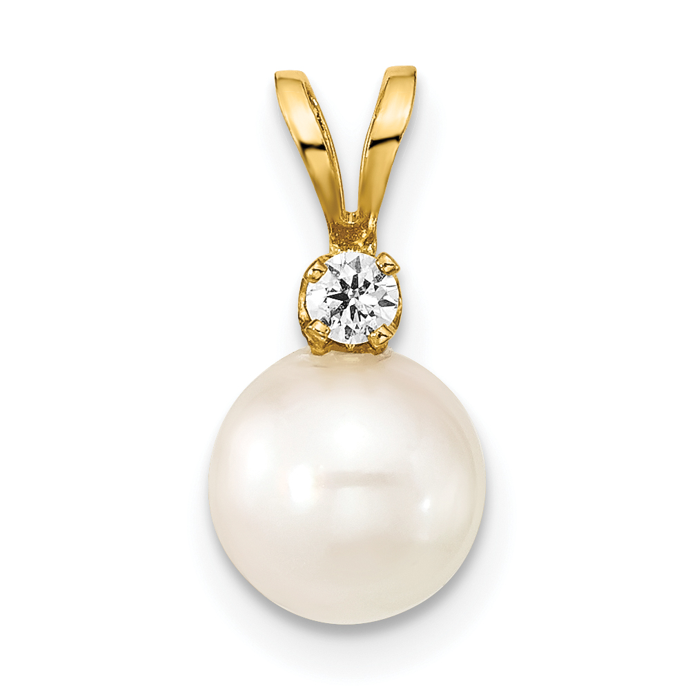 14k 7-8mm White Round Akoya Saltwater Cultured Pearl and 1/20 Carat Diamond Pendant (XF476)