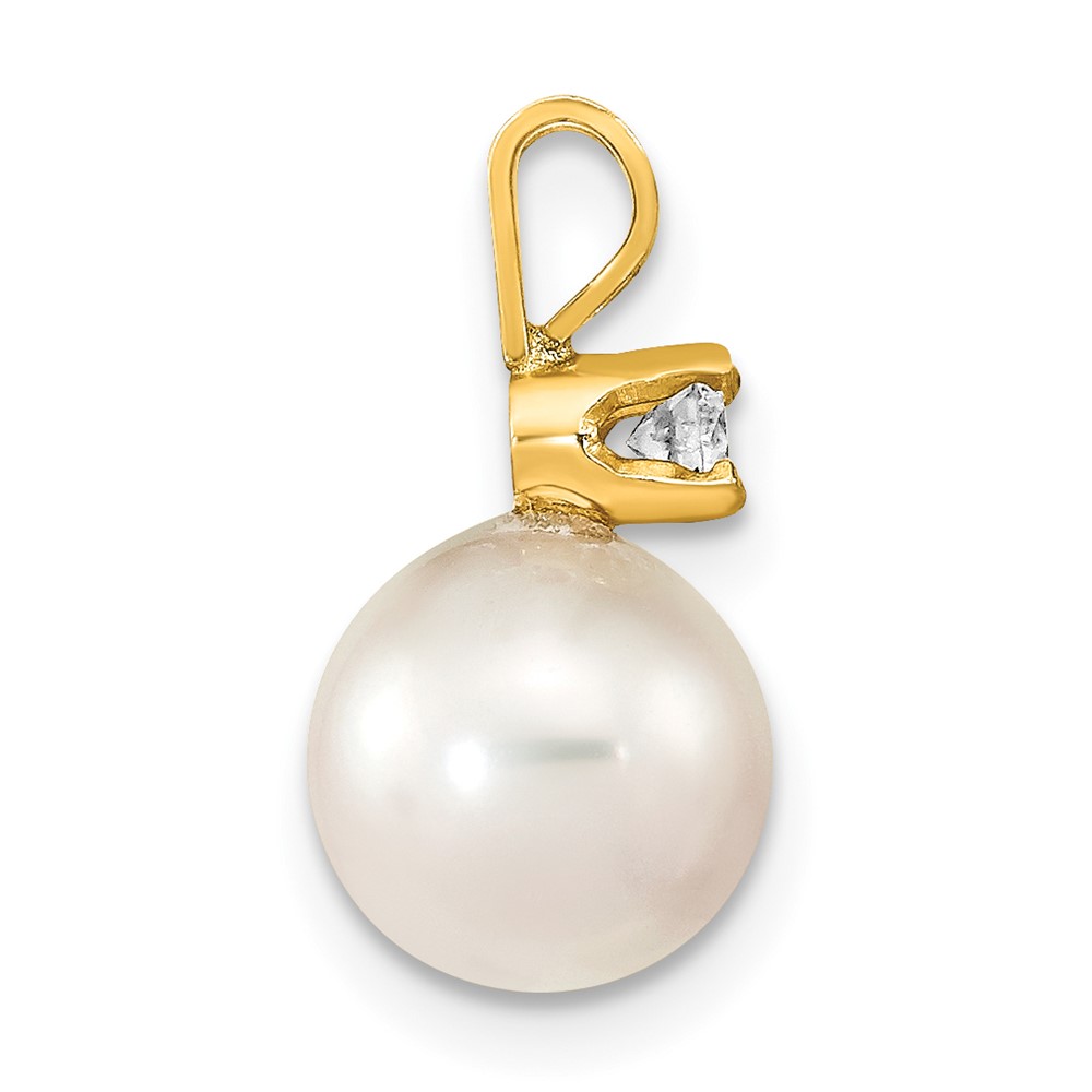 14k 8-9mm White Round Akoya Saltwater Cultured Pearl and 1/10 Carat Diamond Pendant (XF477)