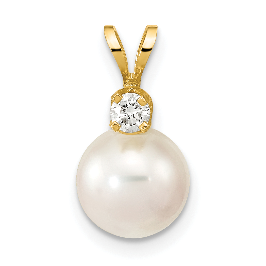 14k 8-9mm White Round Akoya Saltwater Cultured Pearl and 1/10 Carat Diamond Pendant (XF477)
