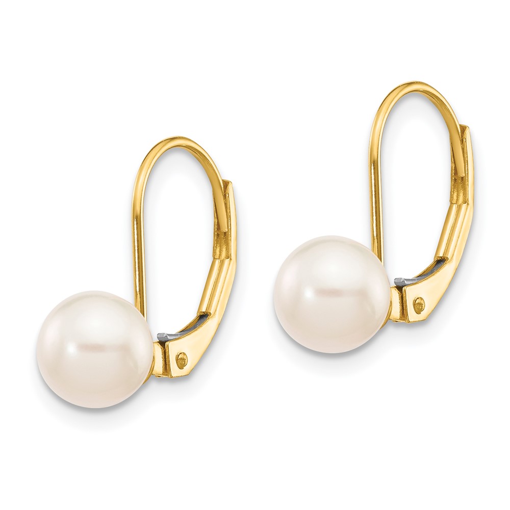 14k 6-7mm White Round Akoya Saltwater Cultured Pearl Leverback Earrings (XF480E)