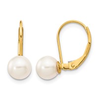 14K Yellow Gold 6-7mm White Round Akoya Saltwater Cultured Pearl Leverback Earrings view 1