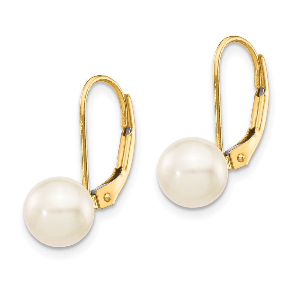 14k 7-8mm White Round Saltwater Akoya Cultured Pearl Leverback Earrings (XF481E)