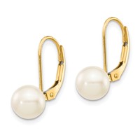 14K Yellow Gold 7-8mm White Round Saltwater Akoya Cultured Pearl Leverback Earrings view 2