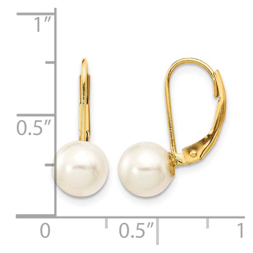 14k 7-8mm White Round Saltwater Akoya Cultured Pearl Leverback Earrings (XF481E)