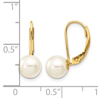 14K Yellow Gold 7-8mm White Round Saltwater Akoya Cultured Pearl Leverback Earrings view 4