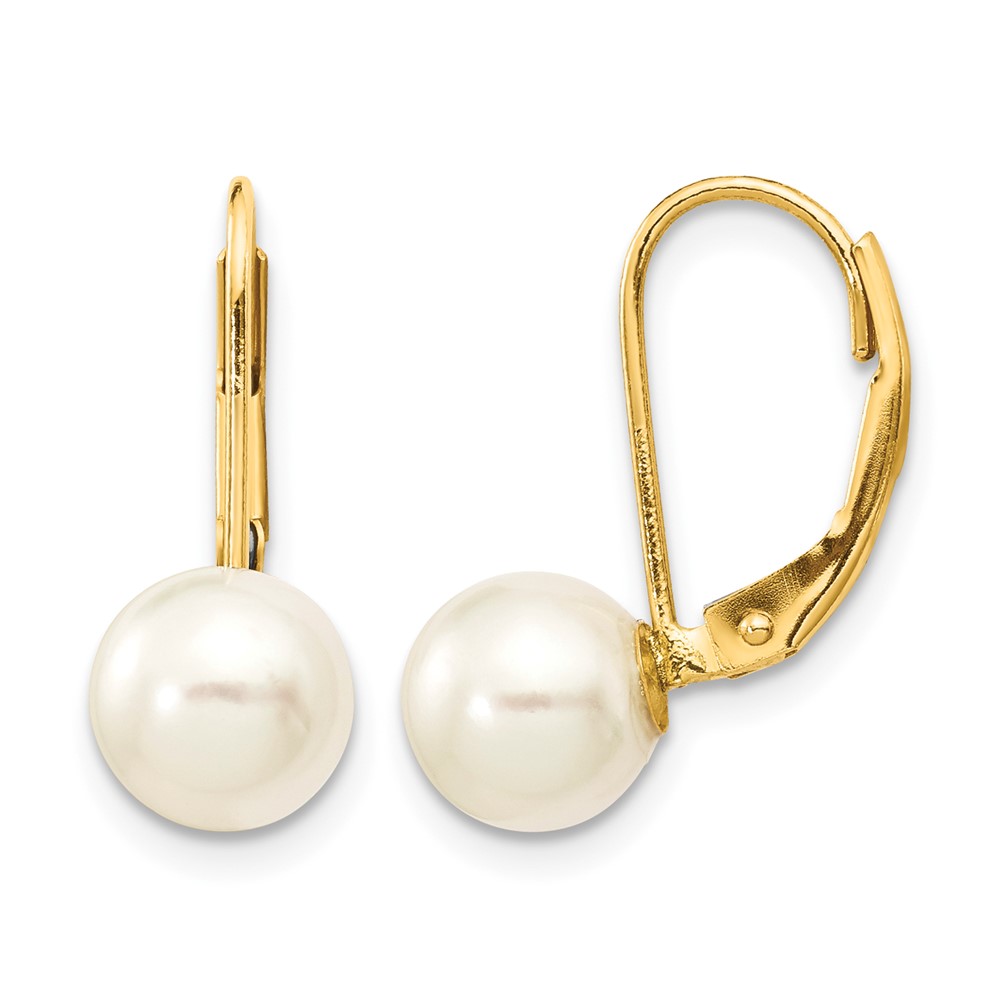 14k 7-8mm White Round Saltwater Akoya Cultured Pearl Leverback Earrings (XF481E)