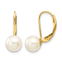 14K Yellow Gold 7-8mm White Round Saltwater Akoya Cultured Pearl Leverback Earrings view 1