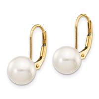 14K Yellow Gold 8-9mm White Round Akoya Saltwater Cultured Pearl Leverback Earrings view 2