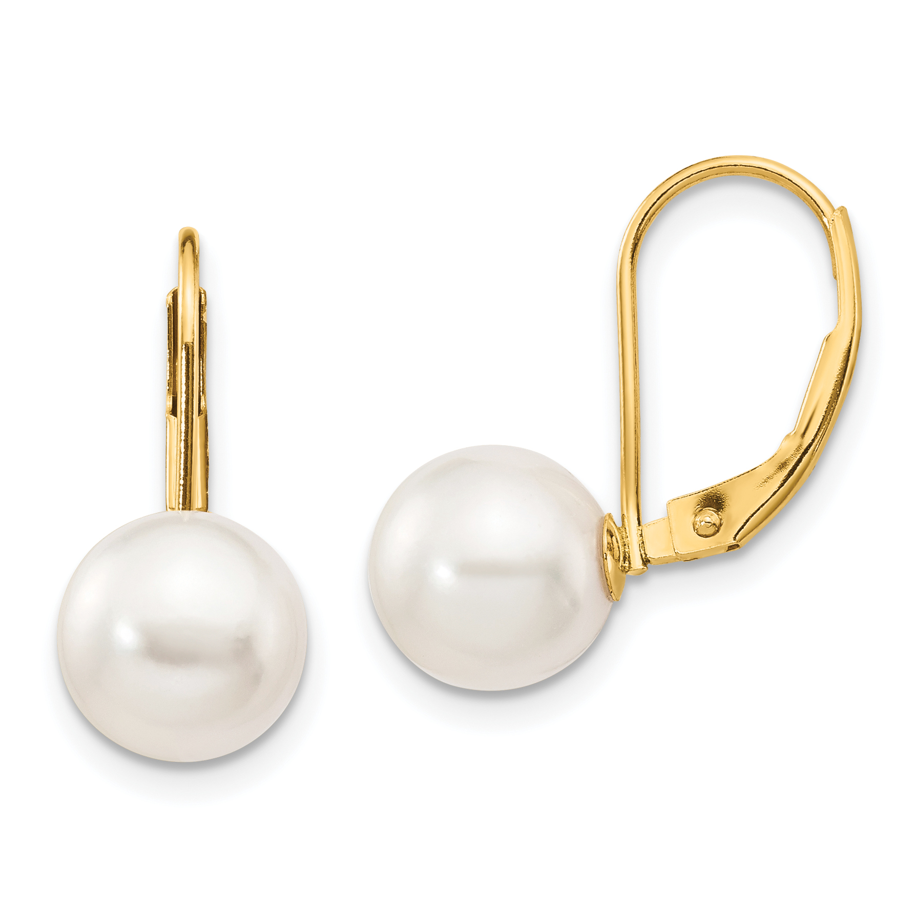 14k 8-9mm White Round Akoya Saltwater Cultured Pearl Leverback Earrings (XF482E)