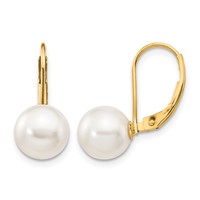 14K Yellow Gold 8-9mm White Round Akoya Saltwater Cultured Pearl Leverback Earrings view 1