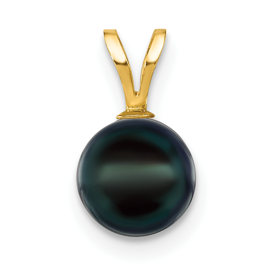 14k 7-8mm Black Round Akoya Saltwater Cultured Pearl Pendant (XF488B)