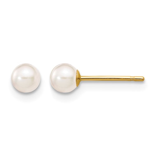 14K Yellow Gold 3-4mm White Round Akoya Saltwater Cultured Pearl Stud Post Earrings