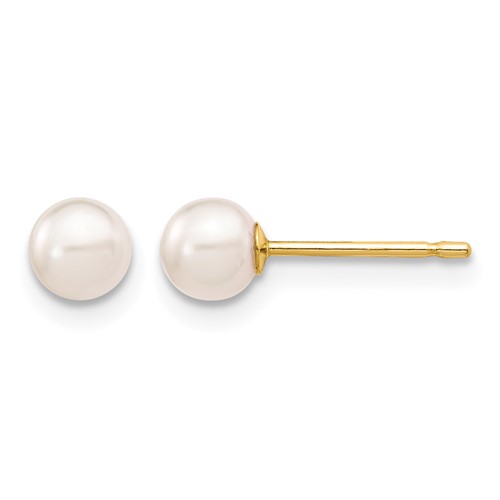 14K Yellow Gold 4-5mm White Round Akoya Saltwater Cultured Pearl Stud Post Earrings