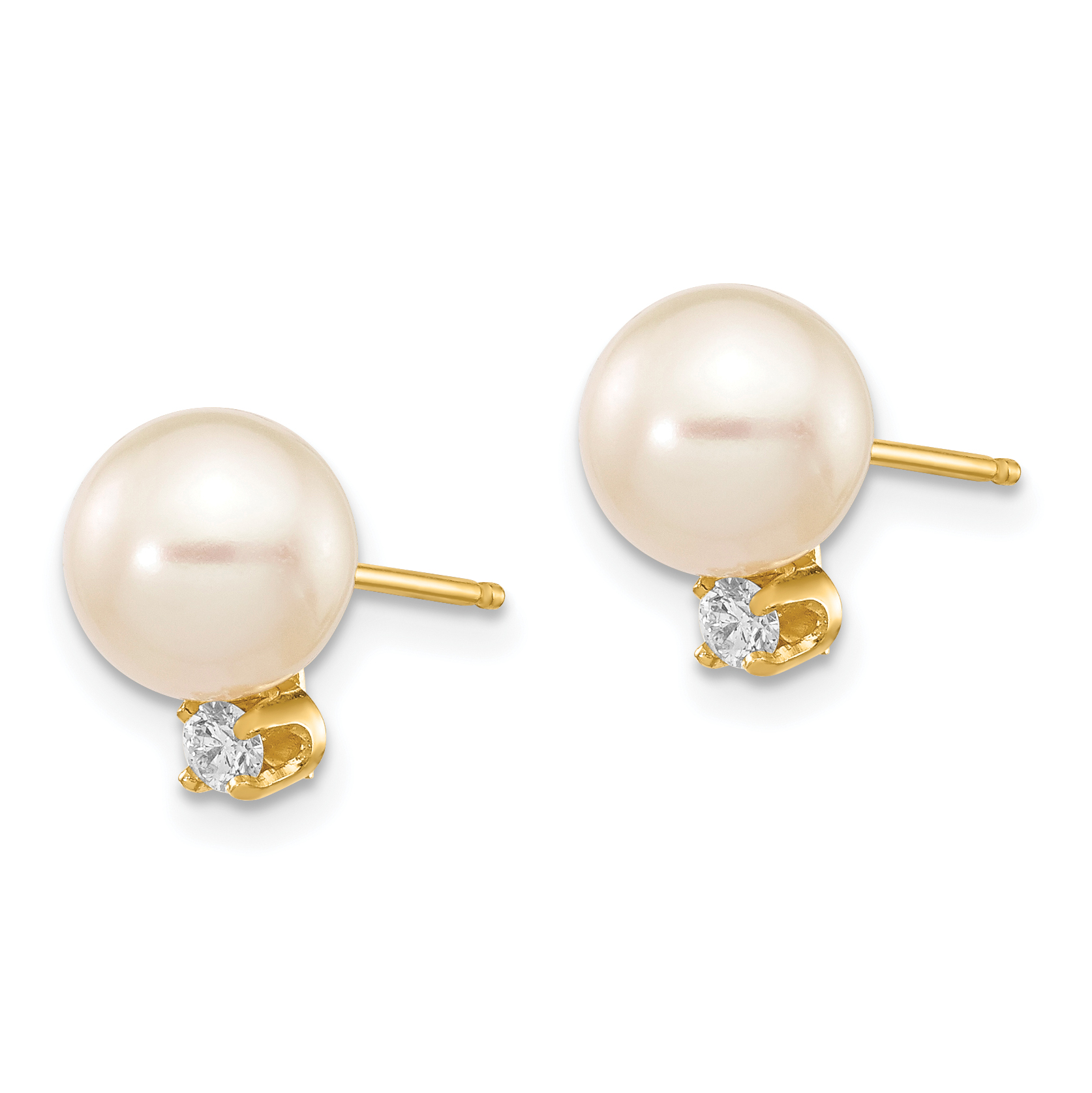 14k 7-8mm White Round Freshwater Cultured Pearl and .10 Carat Diamond Post Earri - Picture 2 of 4