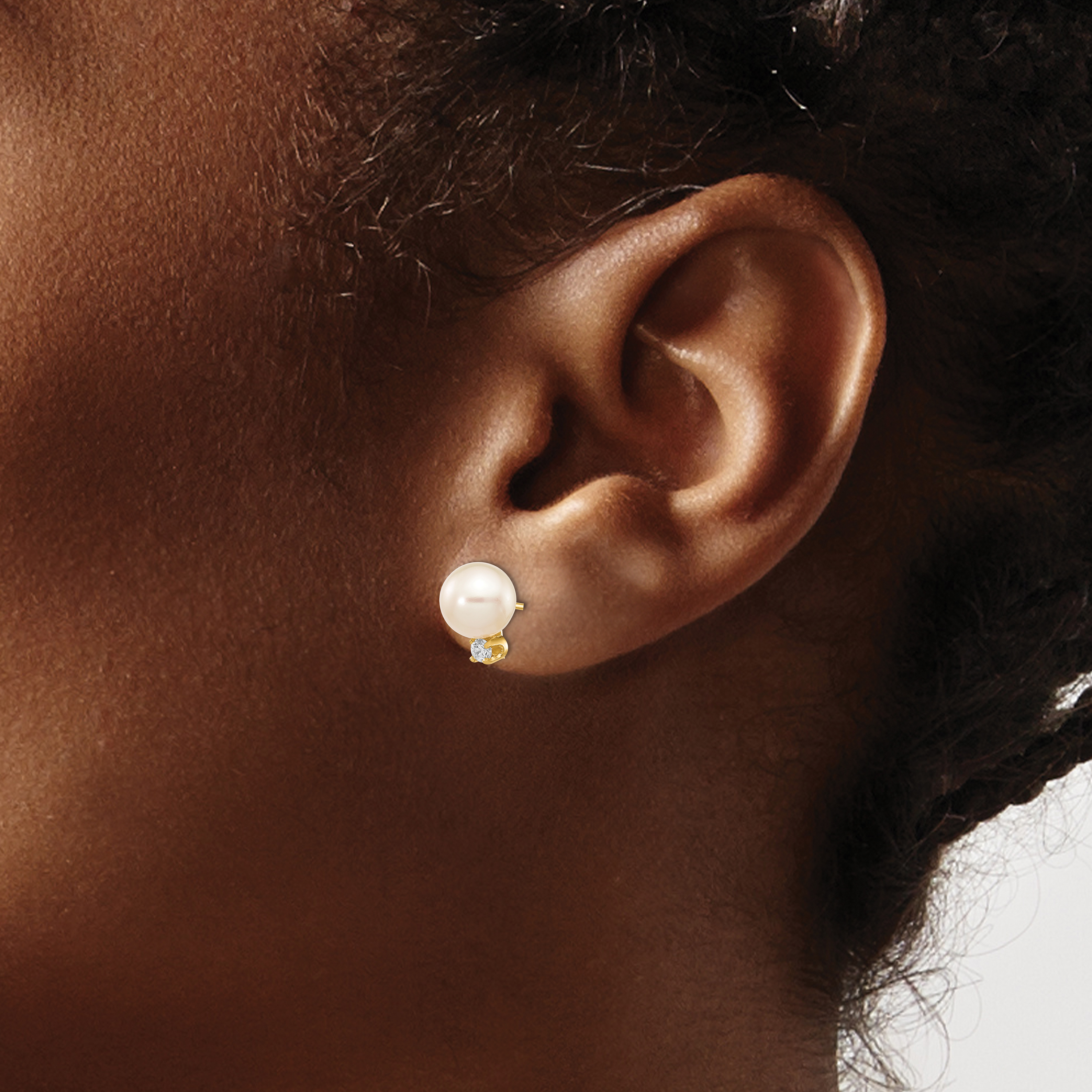 14k 7-8mm White Round Freshwater Cultured Pearl and .10 Carat Diamond Post Earri - Picture 3 of 4