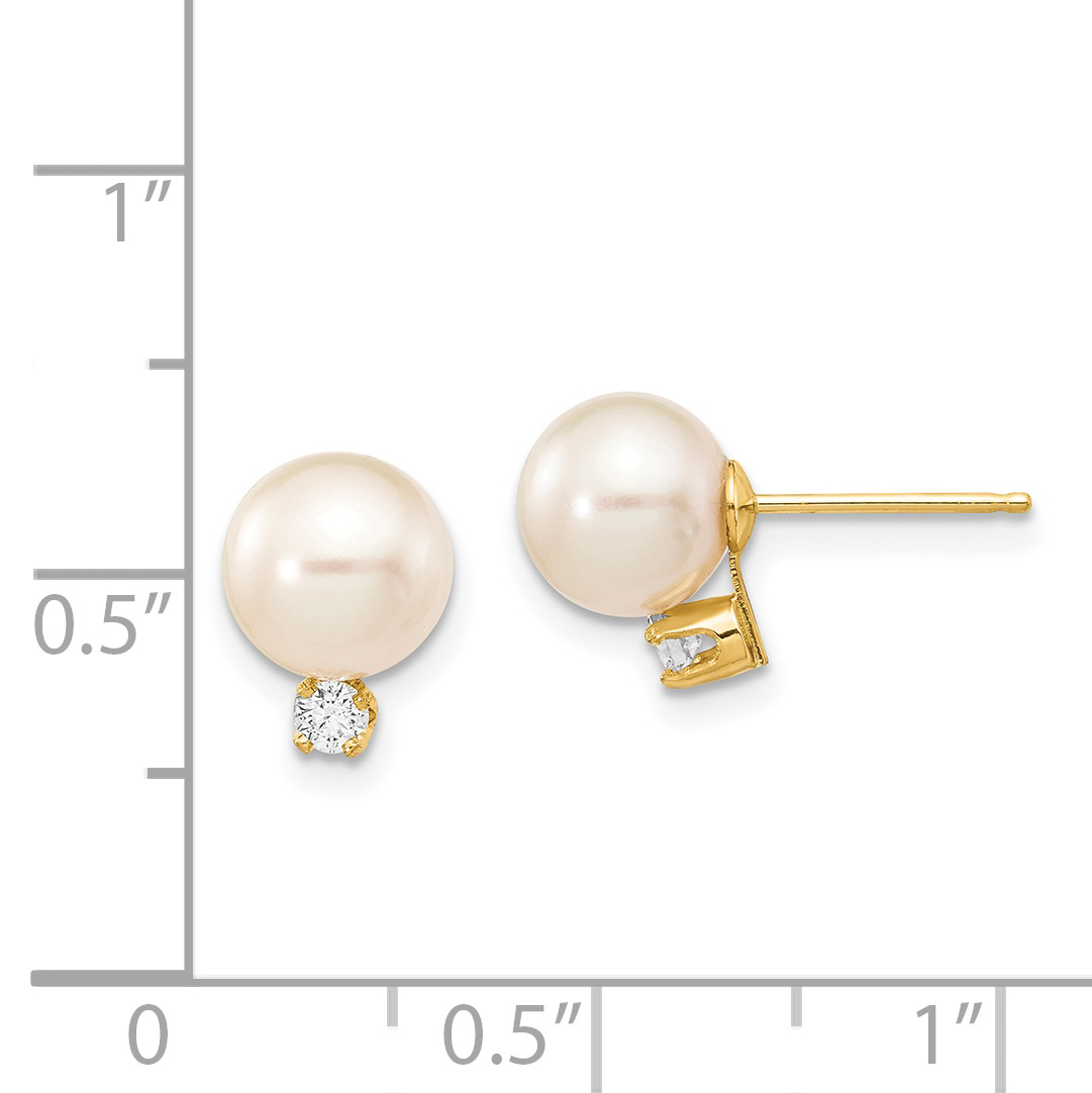 14k 7-8mm White Round Freshwater Cultured Pearl and .10 Carat Diamond Post Earri - Picture 4 of 4