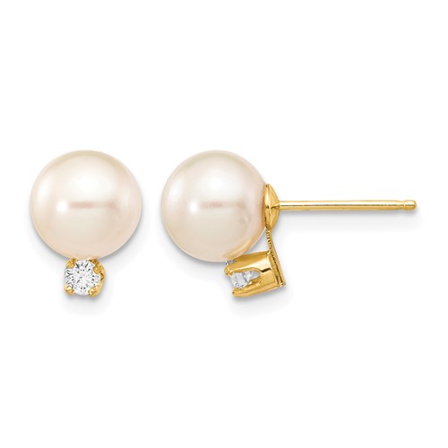 14K Yellow Gold 7-8mm White Round Freshwater Cultured Pearl and.10 Carat Diamond Post Earrings