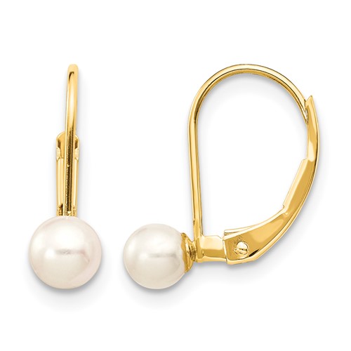 14K Yellow Gold 4-5mm White Round Freshwater Cultured Pearl Leverback Earrings