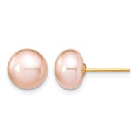 14K Yellow Gold 7-8mm Pink Near-Round Freshwater Cultured Pearl Necklace and Button Earring Set, 18" view 2