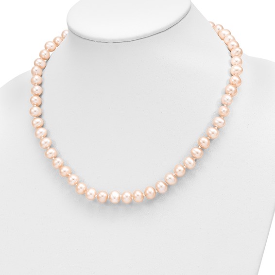 14k 7-8mm Pink Near-Round Freshwater Cultured Pearl 18 inch Necklace and Button Earring Set