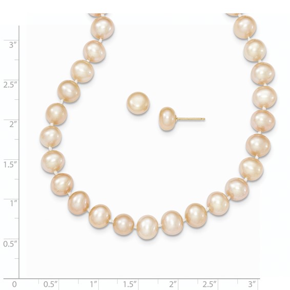 14k 7-8mm Pink Near-Round Freshwater Cultured Pearl 18 inch Necklace and Button Earring Set