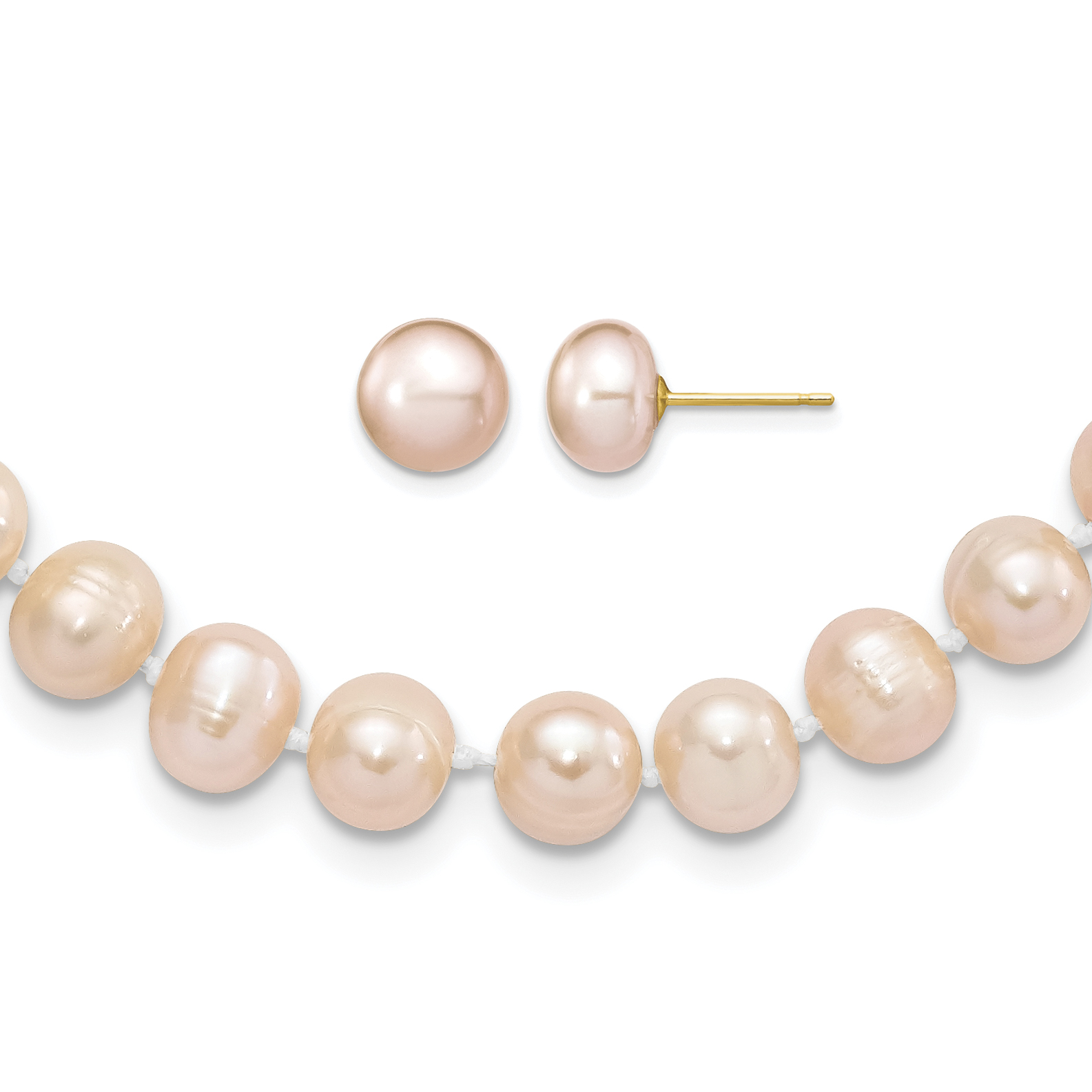 14k 7-8mm Pink Near-Round Freshwater Cultured Pearl 18 inch Necklace and Button Earring Set (XF497SET)