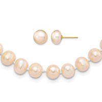 14K Yellow Gold 7-8mm Pink Near-Round Freshwater Cultured Pearl Necklace and Button Earring Set, 18" view 1