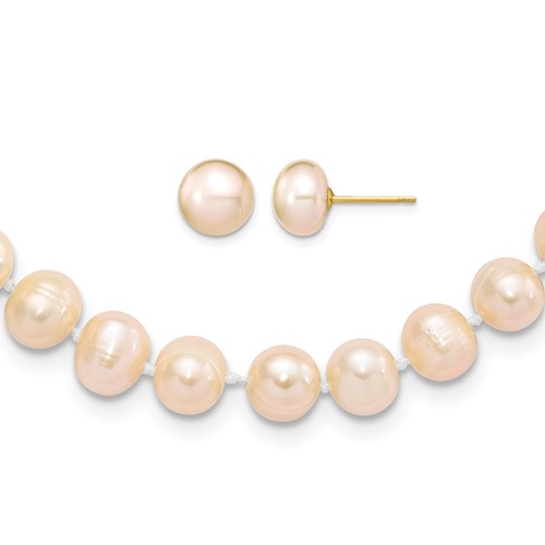 14K Yellow Gold 7-8mm Pink Near-Round Freshwater Cultured Pearl Necklace and Button Earring Set, 18"
