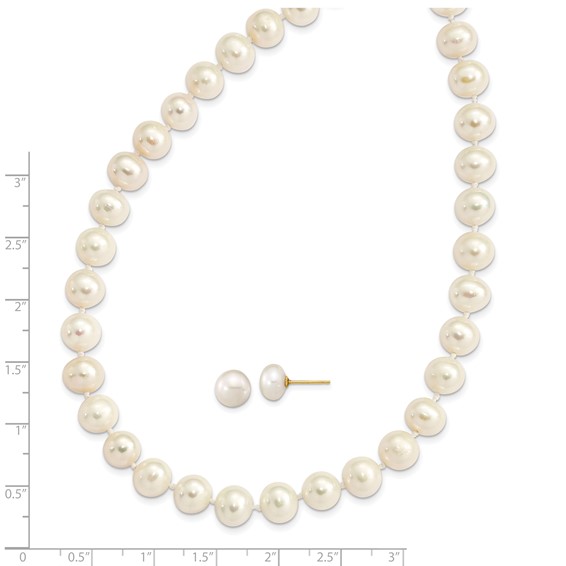 14k 7-8mm White Near-Round Freshwater Cultured Pearl 18 inch with 2 inch Extension Necklace and Button Earrings Set