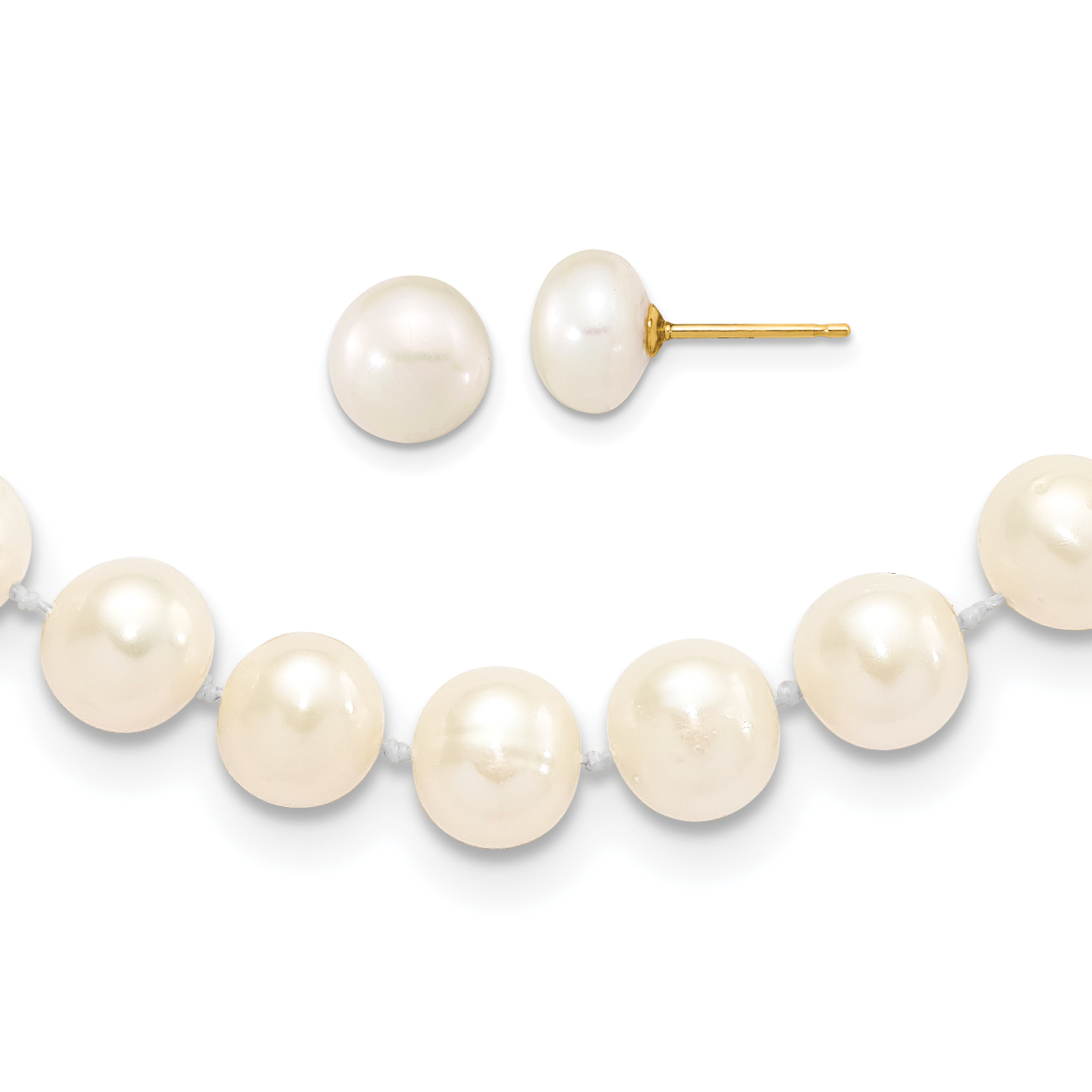 14k 7-8mm White Near-Round Freshwater Cultured Pearl 18 inch with 2 inch Extension Necklace and Button Earrings Set (XF497WSET)
