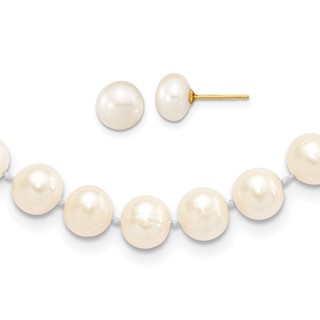 14k 7-8mm White Near-Round Freshwater Cultured Pearl 18 inch with 2 inch Extension Necklace and Button Earrings Set