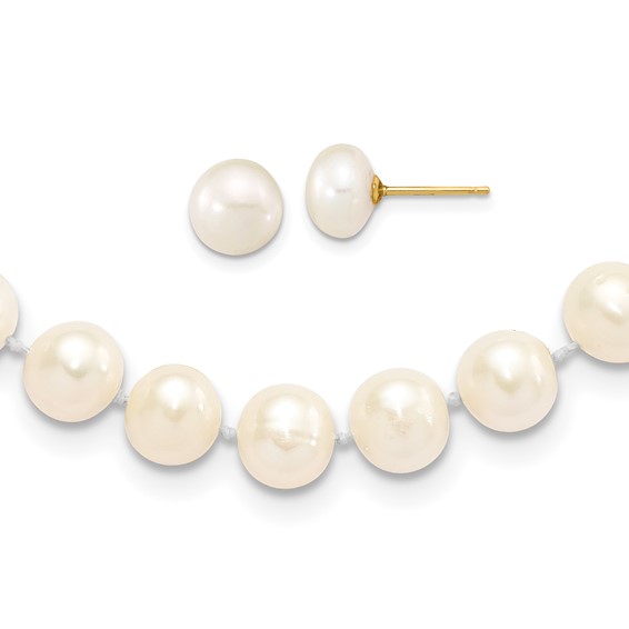 14k 7-8mm White Near-Round Freshwater Cultured Pearl 18 inch with 2 inch Extension Necklace and Button Earrings Set