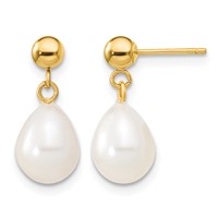 14K Yellow Gold 7-8mm White Rice Freshwater Cultured Pearl Necklace and Bead Post Dangle Earring Set, 18" view 2