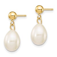14K Yellow Gold 7-8mm White Rice Freshwater Cultured Pearl Necklace and Bead Post Dangle Earring Set, 18" view 3