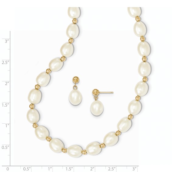 14k 7-8mm White Rice Freshwater Cultured Pearl 18 inch Necklace and Bead Post Dangle Earring Set