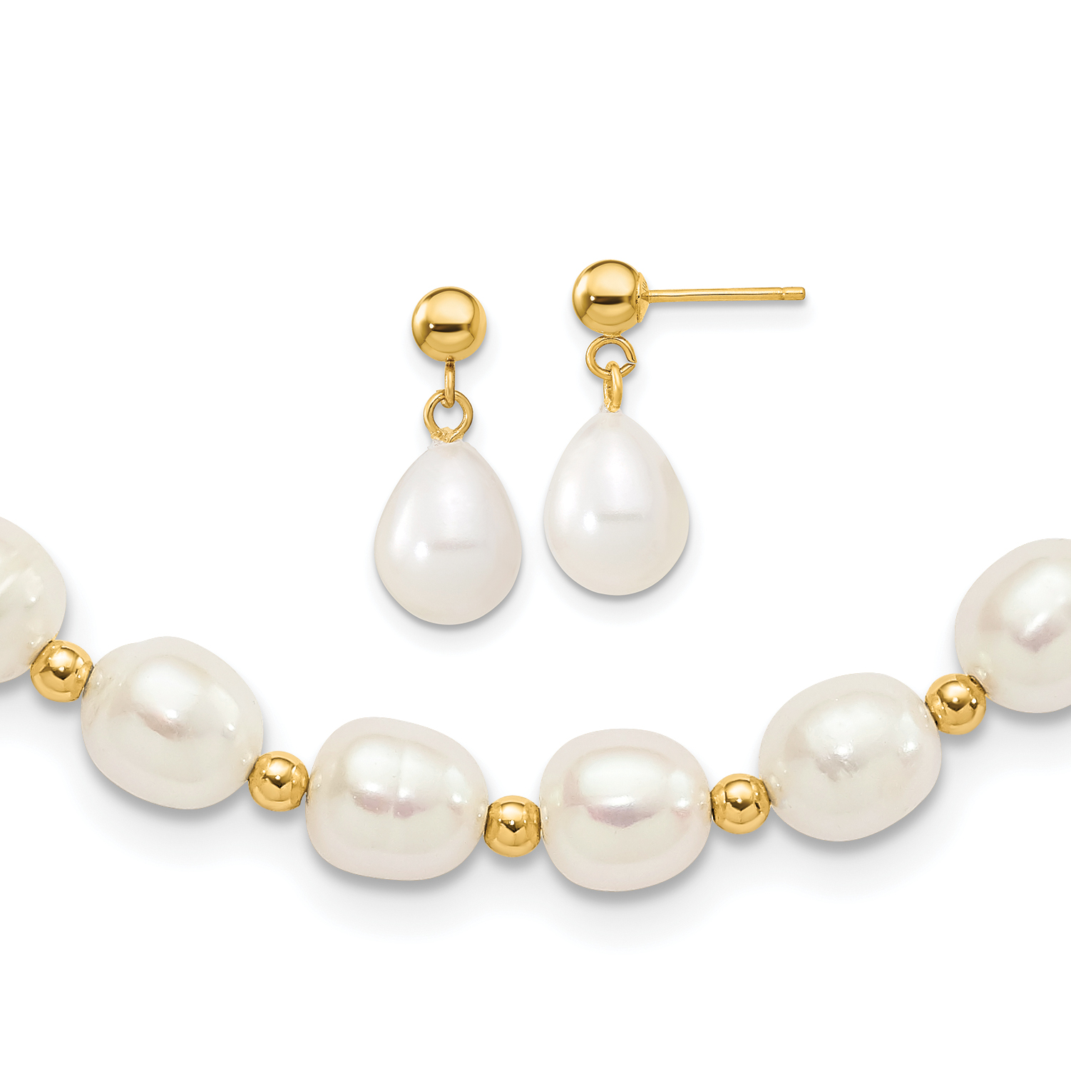 14k 7-8mm White Rice Freshwater Cultured Pearl 18 inch Necklace and Bead Post Dangle Earring Set (XF499SET)