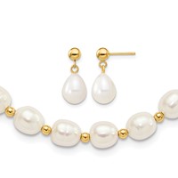 14K Yellow Gold 7-8mm White Rice Freshwater Cultured Pearl Necklace and Bead Post Dangle Earring Set, 18" view 1