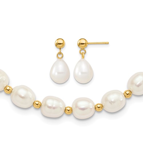 14K Yellow Gold 7-8mm White Rice Freshwater Cultured Pearl Necklace and Bead Post Dangle Earring Set, 18"