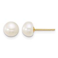 14K Yellow Gold 6-7mm White Semi-Round Freshwater Cultured Pearl Necklace 7.25 in Bracelet Button Post Earrings Set, 18" view 2