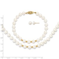 14K Yellow Gold 6-7mm White Semi-Round Freshwater Cultured Pearl Necklace 7.25 in Bracelet Button Post Earrings Set, 18" view 5
