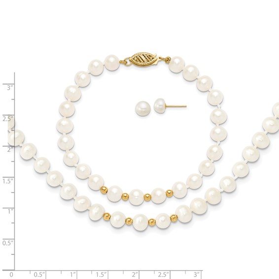 14k 6-7mm White Semi-Round Freshwater Cultured Pearl 18 inch Necklace/7.25 in Bracelet/Button Post Earrings Set