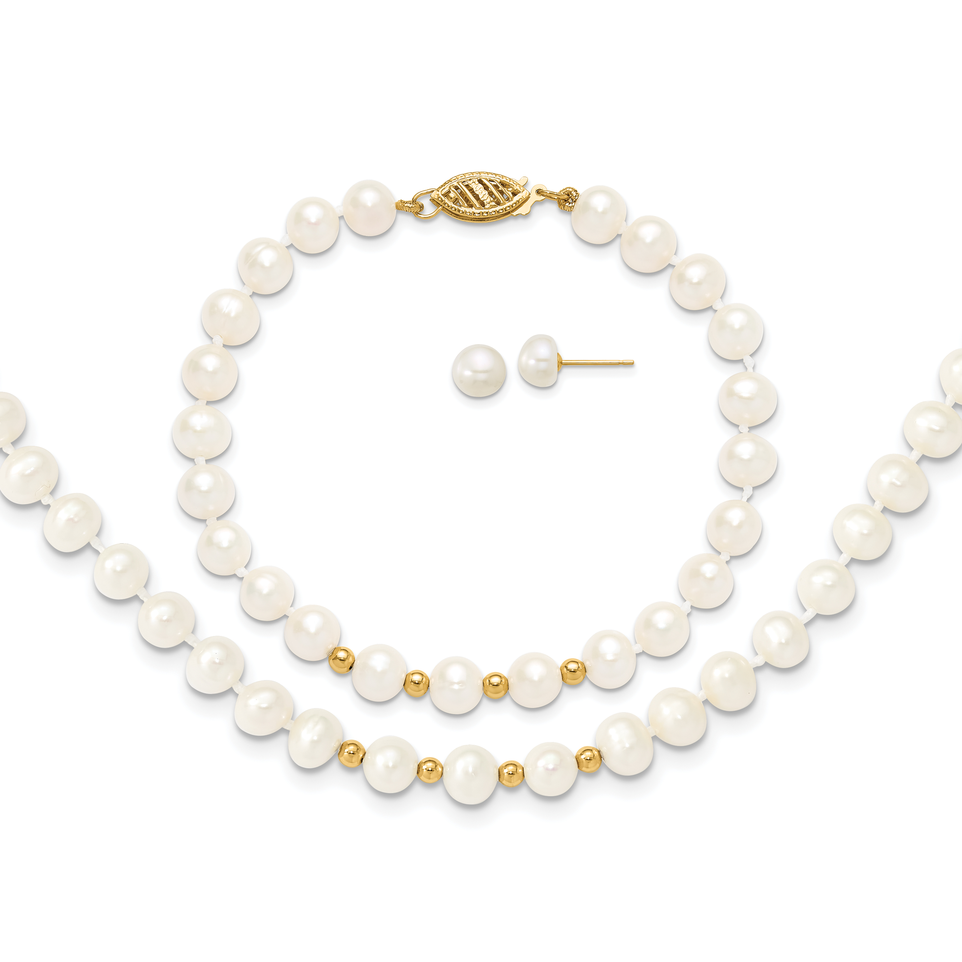 14k 6-7mm White Semi-Round Freshwater Cultured Pearl 18 inch Necklace/7.25 in Bracelet/Button Post Earrings Set (XF500SET)