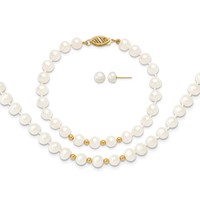 14K Yellow Gold 6-7mm White Semi-Round Freshwater Cultured Pearl Necklace 7.25 in Bracelet Button Post Earrings Set, 18" view 1