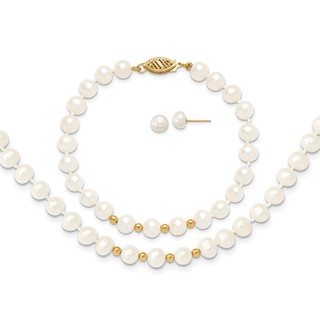 14k 6-7mm White Semi-Round Freshwater Cultured Pearl 18 inch Necklace/7.25 in Bracelet/Button Post Earrings Set