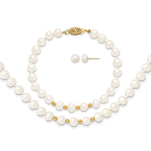 14K Yellow Gold 6-7mm White Semi-Round Freshwater Cultured Pearl Necklace 7.25 in Bracelet Button Post Earrings Set, 18"