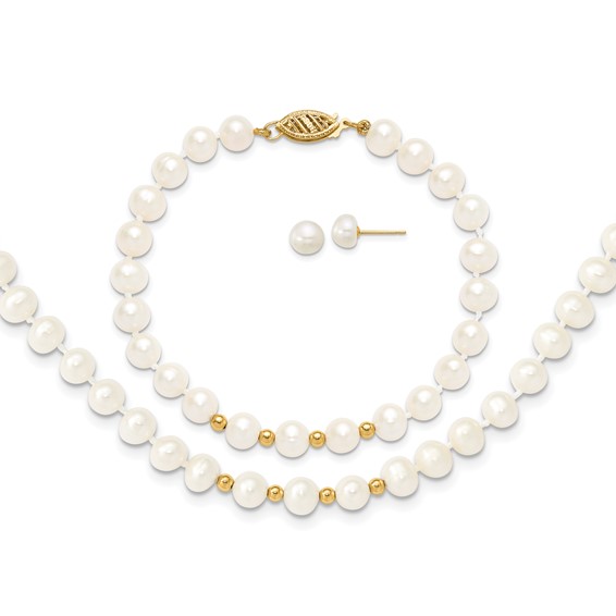 14k 6-7mm White Semi-Round Freshwater Cultured Pearl 18 inch Necklace/7.25 in Bracelet/Button Post Earrings Set