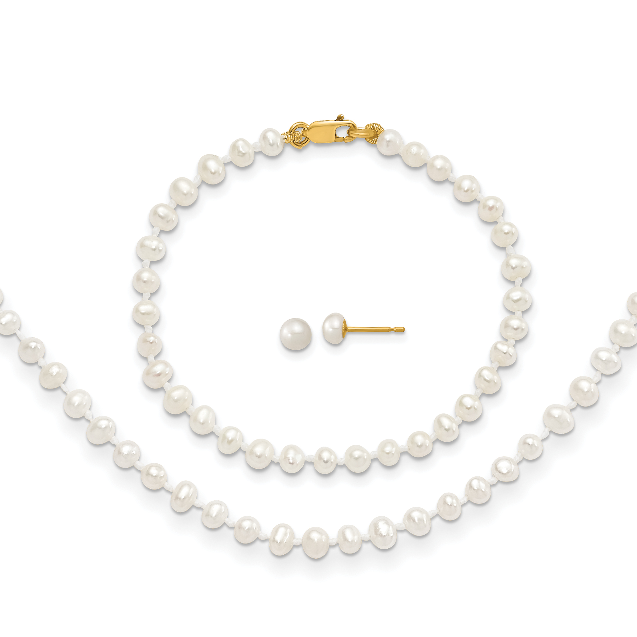 14k 3-4mm White Freshwater Cultured Pearl 14 inch Necklace, 5 inch Bracelet and Post Earrings Set (XF502SET)