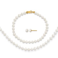 14K Yellow Gold 3-4mm White Freshwater Cultured Pearl Necklace 5 Inch Bracelet Post Earrings 3-piece Set, 14" view 1