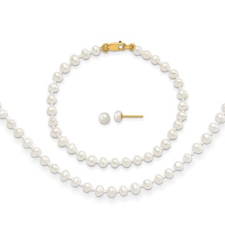 14k 3-4mm White Freshwater Cultured Pearl 14 inch Necklace / 5 inch Bracelet / Post Earrings 3-piece Set